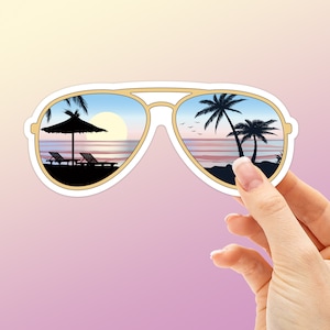 Sunglasses Beach Sticker, Tropical Ocean Sunset Decals for Hydroflask, California Surfing Laptop Decal, Beach Bumper Stickers for Car
