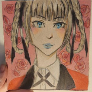 May include: A hand-drawn portrait of an anime-style character with blue eyes and light blue lipstick. The character has blonde hair styled in braids with black ribbons. The background is pink with orange roses.