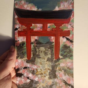 Arte con cartón reciclado: Pintura de la Puerta Tori y Sakuras