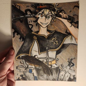 May include: A hand-drawn illustration of an anime character with spiky blonde hair, a black cape, and a sword. The character has a determined expression and is holding a sword. The artwork is done with colored pencils.