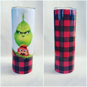 Grinch & Max, Grinch Face, 20oz Stainless Steel Red and Black Buffalo Plaid Grinch Tumbler with Slider Lid and Straw, Christmas Movies