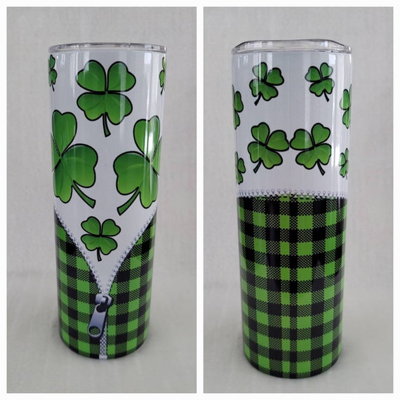 4 Leaf Clover, Four Leaf Clover, Green & Black Buffalo Plaid Zipper 20oz  Stainless Steel Tumbler With Slider Lid and Straw, St. Patricks Day 