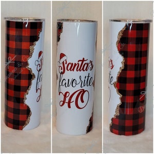 Santa's Favorite Ho, Black and Red Buffalo Plaid 20oz Stainless Steel Tumbler/Travel Mug with Slider Lid and Straw | Insulated Tumbler