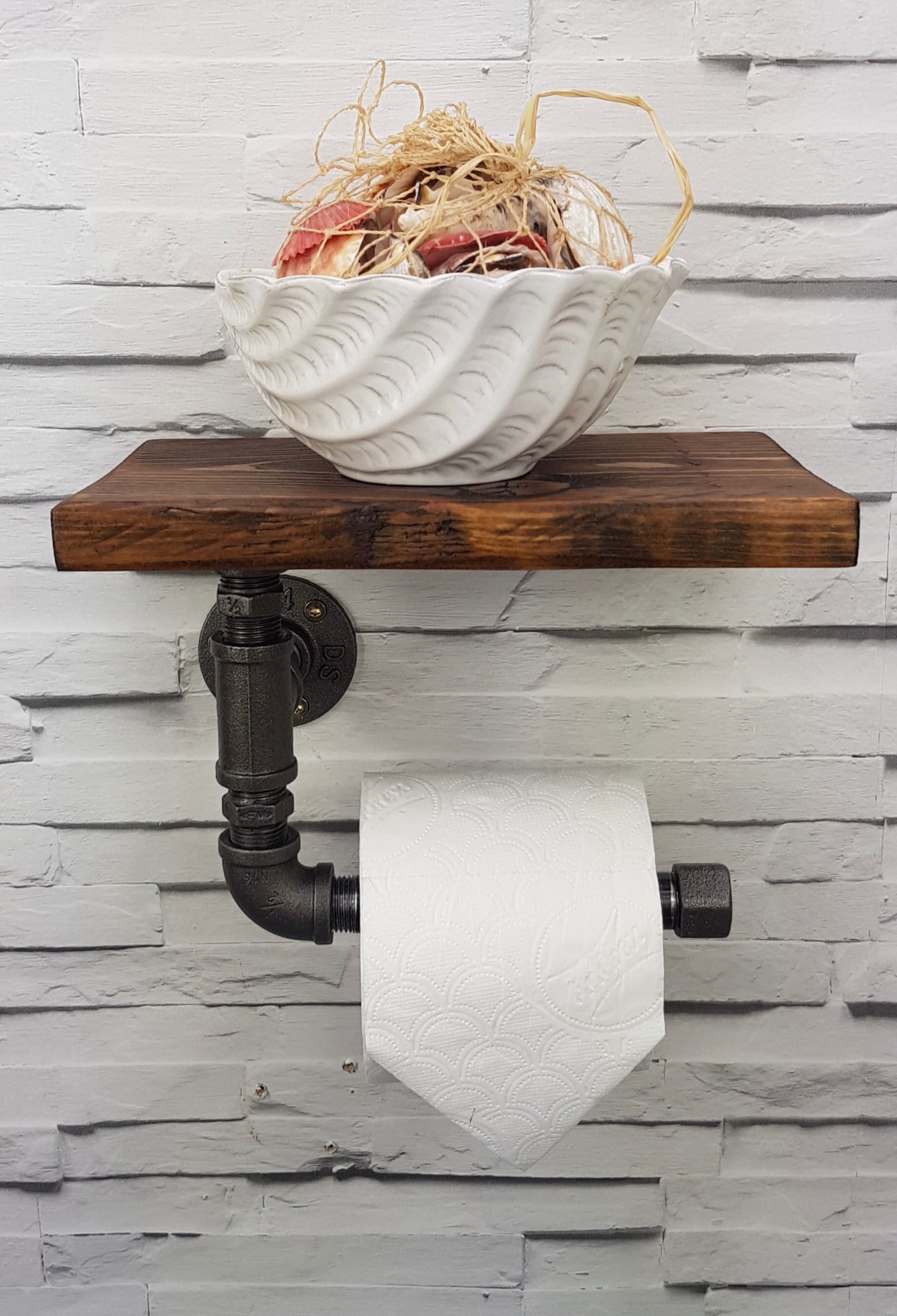Industrial Pipe Single Toilet roll holder With Rustic Oak Wooden Shelf