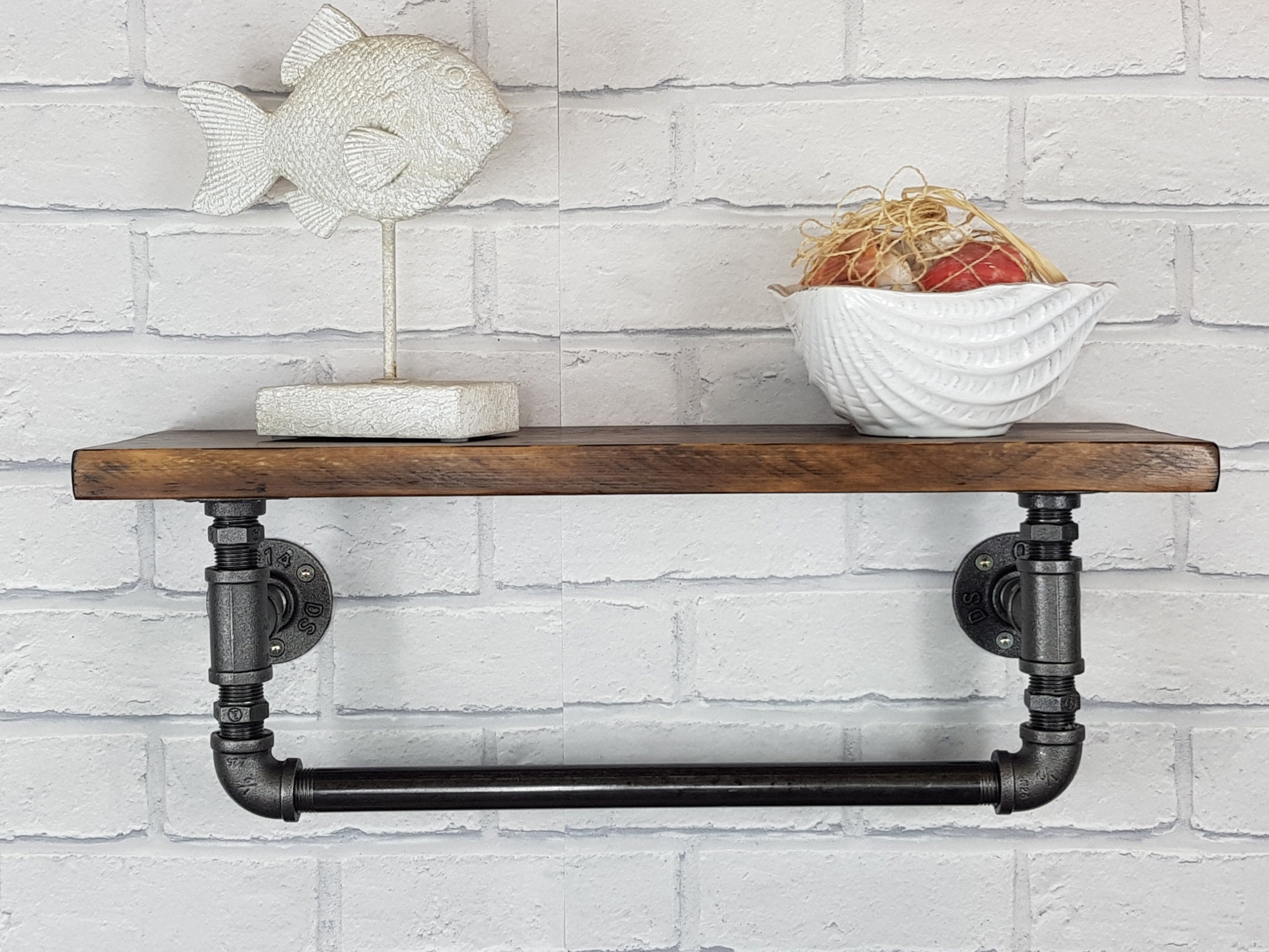Industrial Pipe Towel Rail With Rustic Oak Wood Shelf Handmade Etsy