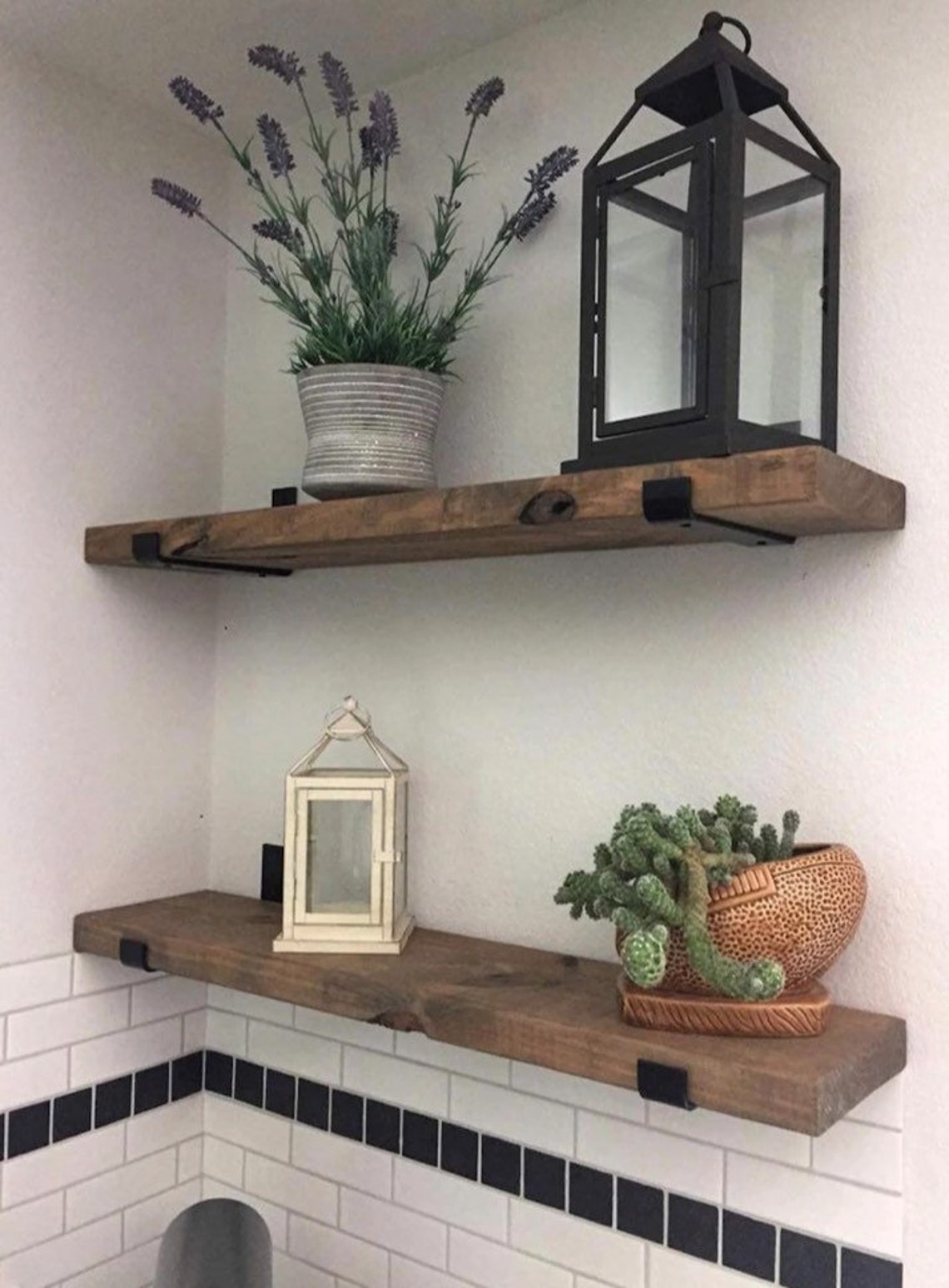 Industrial Steel J Brackets With Handmade Oak Stained Rustic Etsy