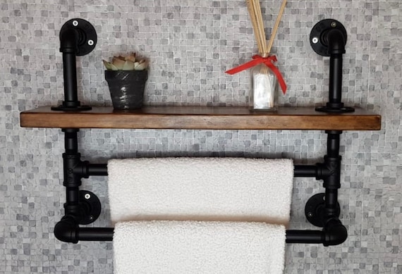 Industrial Pipe Bathroom Double Towel Rail With Rustic Oak Wooden Shelf 