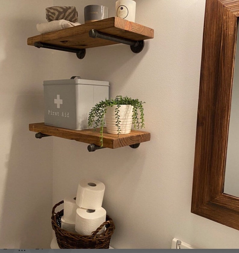 Industrial pipe floating shelves with wooden shelf Etsy