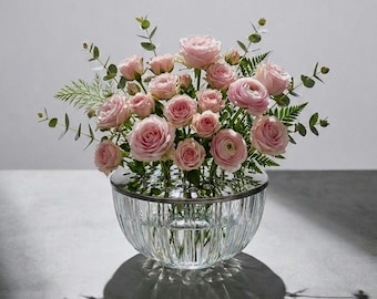 Vintage Rosen Schale | Geripptes Glas mit versilbertem Deckel - Mid-Century Blumenfrosch