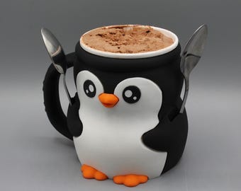 Penguin Ice Cream Pint Mug Holder with Spoon Slots: Summer Gift