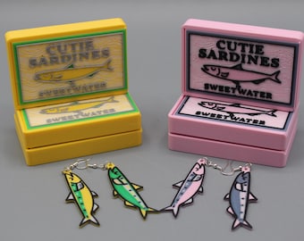 Cute Sardine Earrings | 3D Printed Sardines in Sardine Tin | Novelty Fish Earrings
