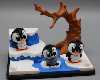 Flexi Penguin Iceburg-speelset | 3D-geprinte gelede pinguïndiorama | Fidget zintuiglijk speeltje | Bureaudecoratie