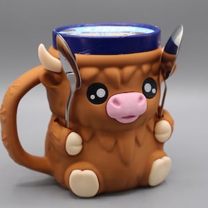 Highland Kuh Eis Pint Becherhalter mit 2 Löffel Haltern | 3D gedruckter wiederverwendbarer Eiswärmer | Sommer-Geschenke