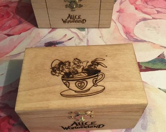 Alice in Wonderland engraved wooden keepsake box