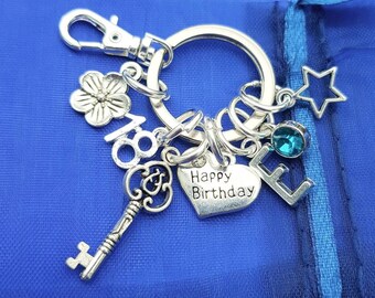 18th Birthday Keyring: Initial & Crystal Birthstone Charm