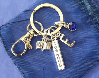 Book keyring with initial optional birthstone personalised gifts i love books
