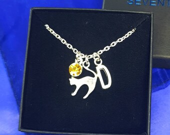 May include: A silver necklace with a cat charm, a letter D charm, and a small amber-colored crystal. The necklace is in a black box with the word "SEVENTEEN" printed on the top.