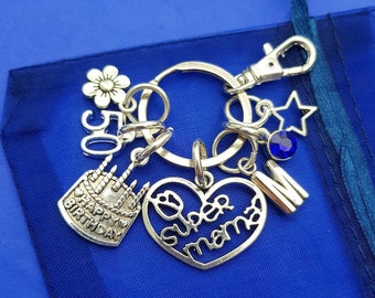 50th Birthday Keyring: Super Mama, Initial & Birthstone Charm