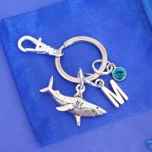 Shark keyring with initial birthstone personalised gifts silver birthday gift Animals fish