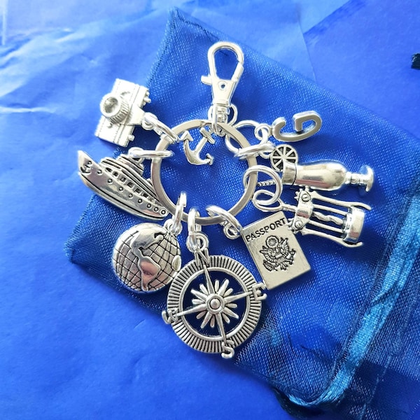 Cruise keyring with initial Holiday ship personalised gifts silver birthday