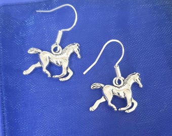 Boucles D'oreilles Clou Motif Cheval - Cabochon Gris, Argenté, Acier Inoxydable, Avec Pochette Cadeau, Neuves