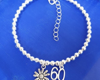 60th birthday bracelet personalised silver chain gifts 50th 40th Daisy flower bead beaded stacking bracelet