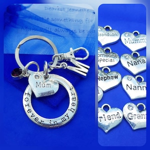 Memorial Keyring: Initial, Birthstone, 'Always in my heart' Charm