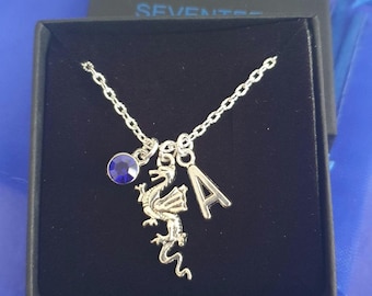 Dragon Necklace with optional initial Birthstone personalised silver chain gifts Animals ANY SIZE