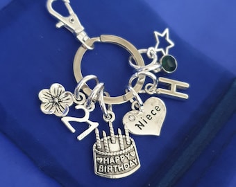 Niece 21st birthday keyring with initial birthstone personalised gifts silver birthday gift for her women girls 18th 25th 30th 40th