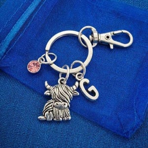 Highland cow keyring with initial birthstone personalised gift silver gift for her birthday