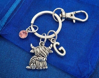 Highland cow keyring with initial birthstone personalised gift silver gift for her birthday