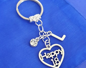 Happy 18 Keyring with Birthstone and initial Silver gifts 18th birthday keyring keepsake