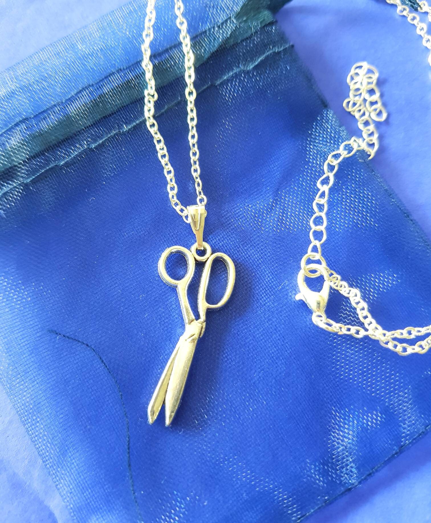 Scissors necklace with optional initial and choice of chain or cord silver plated Any size charm pendant gift bag