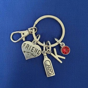 Friend Gin keyring with initial birthstone personalised gifts silver birthday gift for her