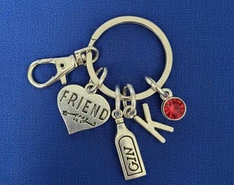 Friend Gin keyring with initial birthstone personalised gifts silver birthday gift for her