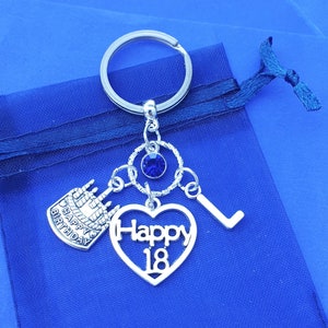 Porte-clés Happy 18 avec pierre de naissance et initiales en argent Porte-clés souvenir 18e anniversaire