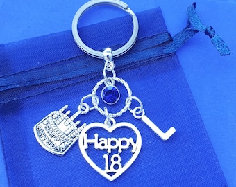 Happy 18 Keyring with Birthstone and initial Silver gifts 18th birthday keyring keepsake