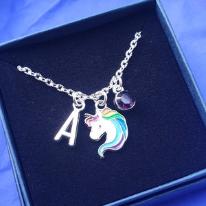 Unicorn Necklace with optional initial Birthstone personalised silver chain gifts ANY SIZE