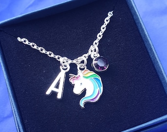 Unicorn Necklace with optional initial Birthstone personalised silver chain gifts ANY SIZE