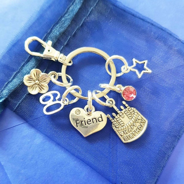 Friends 60th birthday keyring with initial birthstone personalised gift silver birthday gift for her women girls 30th 40 50th 60th 70th 80th