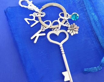 21st Birthday Keyring with Birthstone and initial Silver gifts 18th birthday keyring keepsake