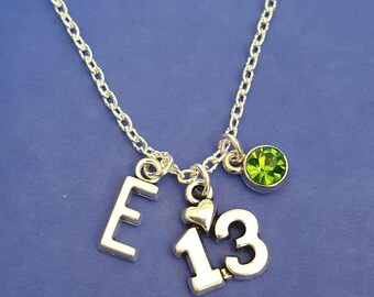 13th Birthday Necklace: Initial, Birthstone, Silver Age 13 Charm