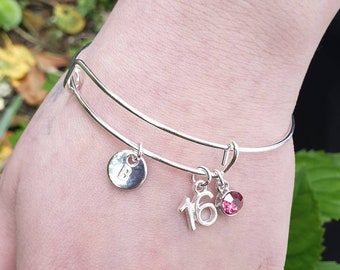 16th Bracelet with initial and birthstone personalised silver chain gifts 13th 18th 21st bracelet