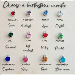 May include: A chart showing the birthstones for each month of the year. The chart includes the name of the month, the birthstone name, and a small image of the birthstone.