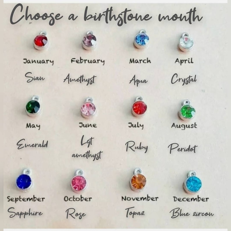 May include: A chart showing the birthstones for each month of the year. The chart includes the name of the month, the birthstone name, and a small image of the birthstone.
