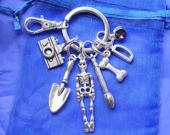 Archaeology keyring with initial optional birthstone personalised gift criminology history