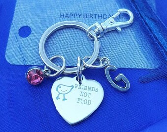 Friends not Food Keyring with Birthstone and initial Vegan Vegetarian Silver gifts birthday keyring keepsake