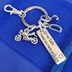 Motorbike keyring personalised initial birthstone Drive Safe gifts pass bike driving test