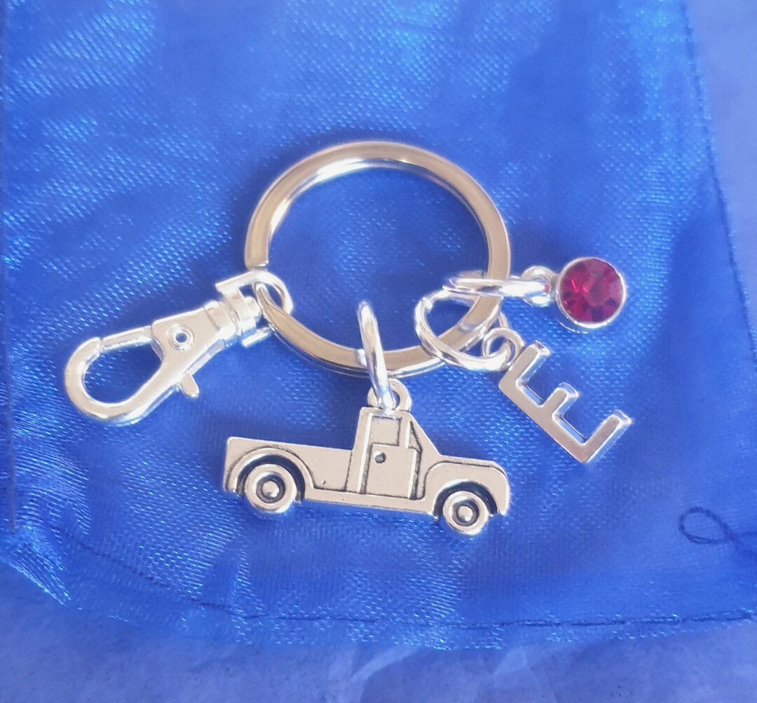 Truck Keyring Personalised With Initial Optional Birthstone HGV Lorry