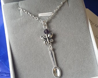 Butterfly Spoon Necklace: Purple Crystal Bead, Awareness Jewelry